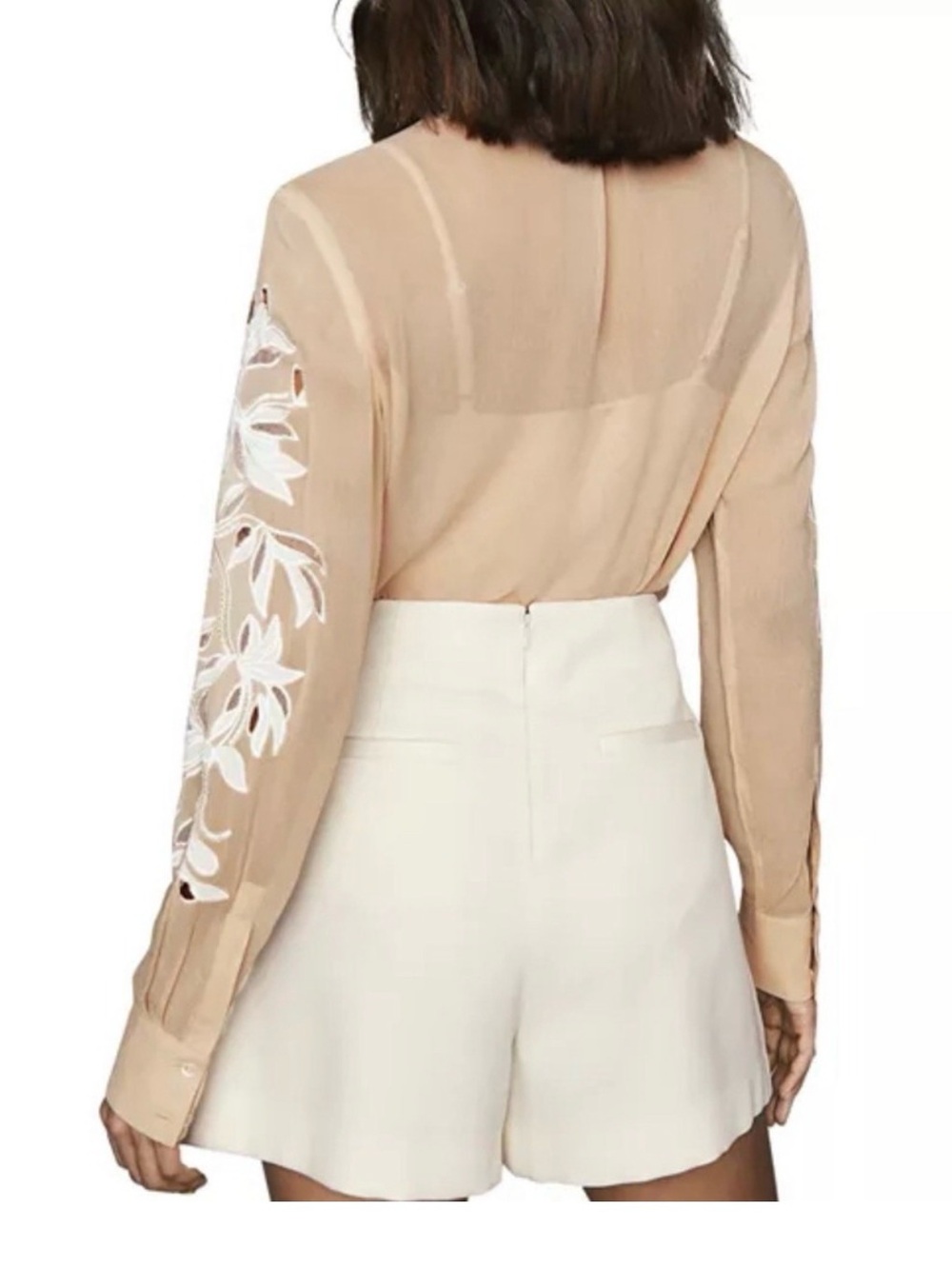 Reiss Sheer Embroidered Floral Button-Up Blouse in Beige - Picture 5 of 15
